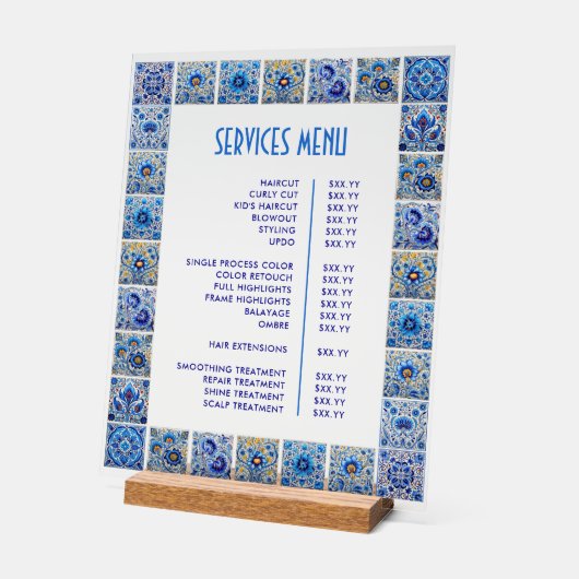 Blue Mediterranean Tegels Lijst Diensten Menu Acryl Bord (Hoek)