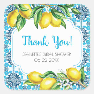 Blue Mediterranean Tile Lemon Bridal Thank You Vierkante Sticker