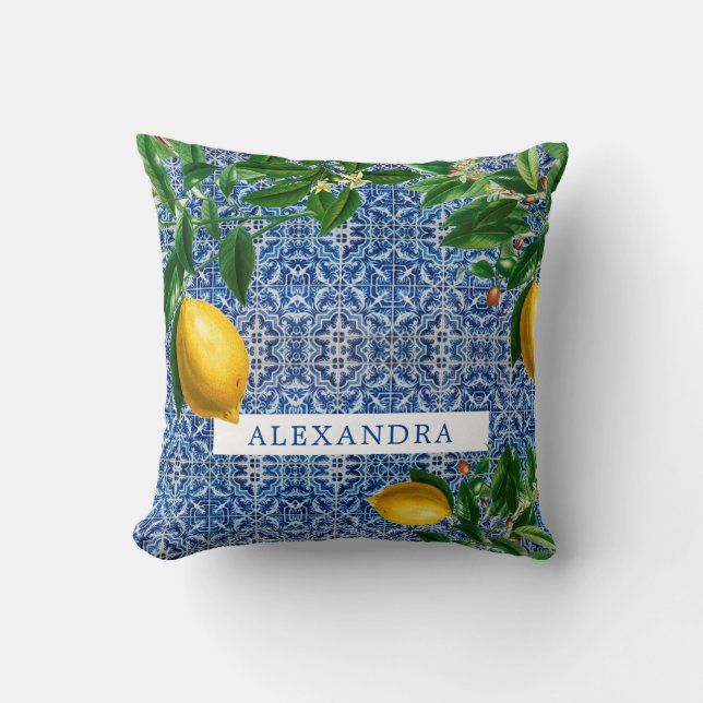 Blue Mediterranean Tiles Lemons Coric Kussen (Voorkant)