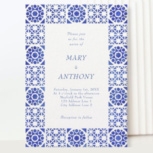 Blue Mediterranean Wedding Invitation Kaart