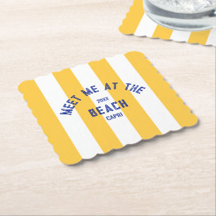 Blue Meet Me op het strand Yellow Cabana Stripe Kartonnen Onderzetters