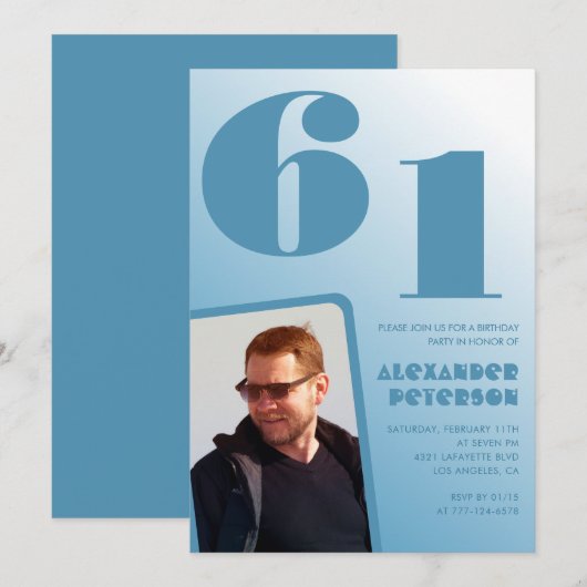Blue Men Décor photo 61e anniversaire invitations (Devant / Derrière)
