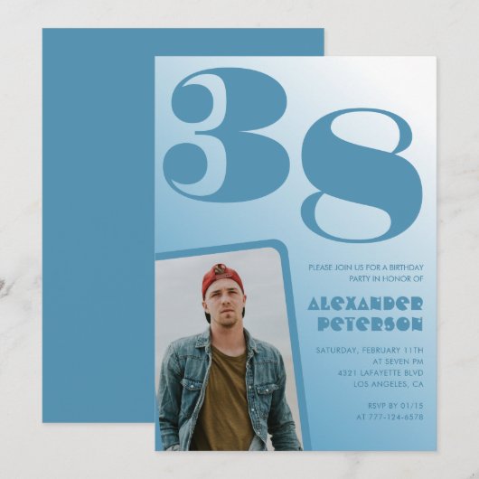 Blue Men Photo dégradé 38e anniversaire invitation (Devant / Derrière)