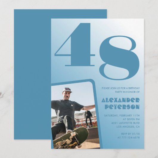 Blue Men Photo dégradé 48e anniversaire invitation (Devant / Derrière)