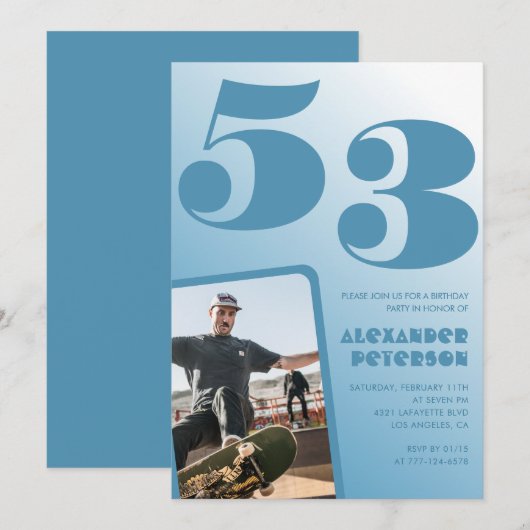 Blue Men Photo dégradé 53e anniversaire invitation (Devant / Derrière)