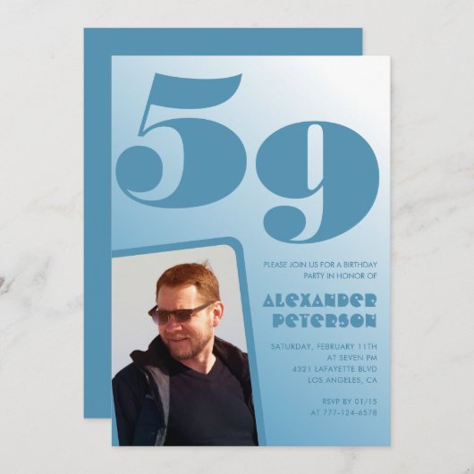 Blue Men Photo dégradé 59e anniversaire invitation (Devant / Derrière)