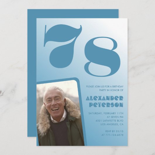 Blue Men Photo dégradé 78e anniversaire invitation (Devant / Derrière)