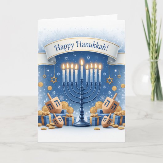 Blue Menorah Blessings – Happy Hanukkah Greeting Kaart (Voorkant)