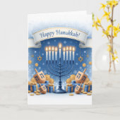 Blue Menorah Blessings – Happy Hanukkah Greeting Kaart (Gele Bloem)