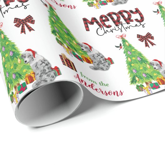 Blue Merle Aussie Dog, Bird and Kerstmis Tree Cadeaupapier (Rol Hoek)