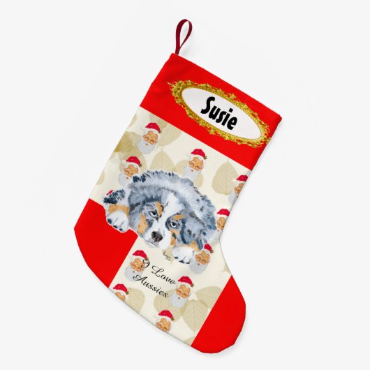 Blue Merle Aussie Puppy w/Santa Stocking Kleine Kerstsok (Voorkant (Hangend))