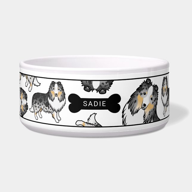 Blue Merle Cartoon Sheltie Dogs Pattern & Name Voerbakje (Voorkant)