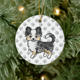 Blue Merle Long Coat Chihuahua Cartoon Dog & Paws Keramisch Ornament