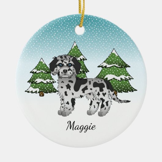 Blue Merle Mini Goldendoedle - Winter Forest Keramisch Ornament (Voorkant)