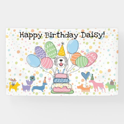 Blue Merle Sheepadoodle Hond Verjaardagsfeestje Spandoek (Horizontaal)