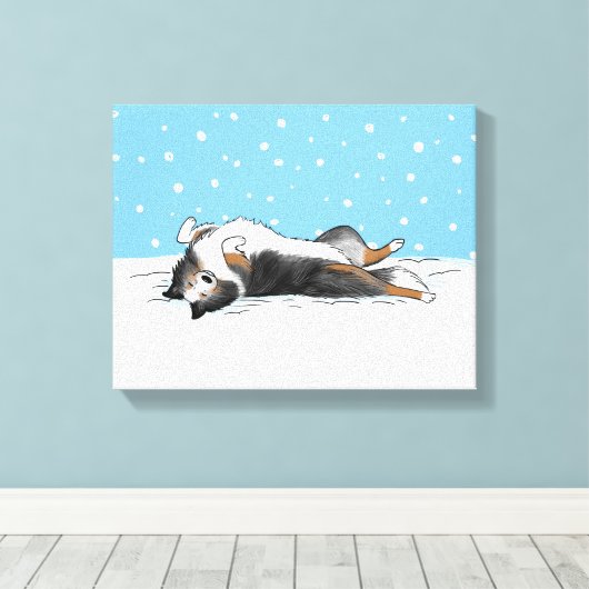Blue Merle Shetland Sheepdog Sheltie Winter Snow Canvas Afdruk (Insitu (Houten vloer))
