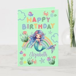 Blue Mermaid Birthday Card in Green Kaart