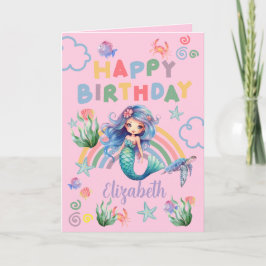 Blue Mermaid Birthday Card in Pink Kaart