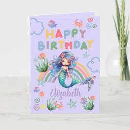 Blue Mermaid Birthday Card in Purple Kaart