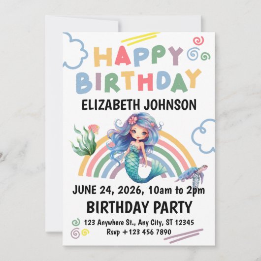 Blue Mermaid Birthday Invitation in White (Devant)