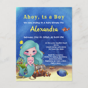 Blue Mermaid under the Zee Boy Baby shower Uitnodiging Briefkaart