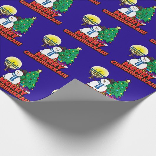 Blue Merry Chrismukkah met Snowman en Menorah Cadeaupapier (Hoek)