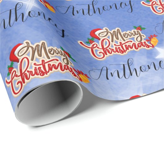Blue Merry Christmas Script Customized Name Cadeaupapier (Rol Hoek)