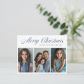 Blue Merry Christmas Three foto ontwerp Feestdagenkaart (Staand voorkant)