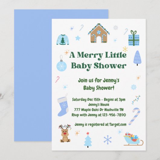 Blue Merry Little Baby shower Boy Invitation (Devant / Derrière)