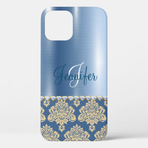 Blue Metallic Damask, Satin, Personalized Hoesje-M iPhone 12 Hoesje