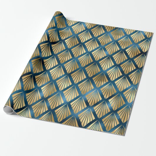 Blue Metallic Gold Abstract Elegant Chic Cadeau Cadeaupapier (Uitgerold)