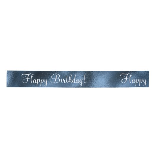 Blue Metallic Happy Birthday Script Modern Satin Lint (Voorkant)