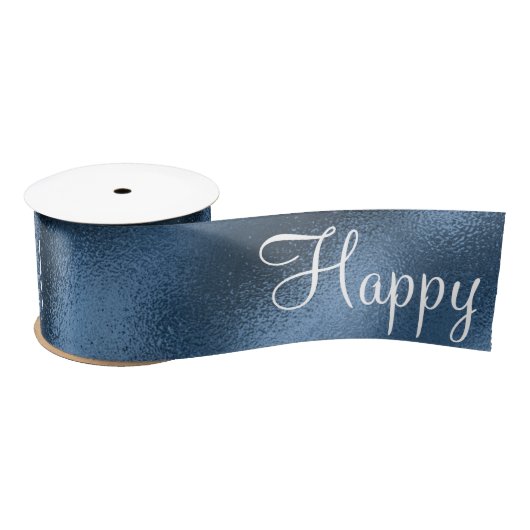 Blue Metallic Happy Birthday Script Modern Satin Lint (Spoel)