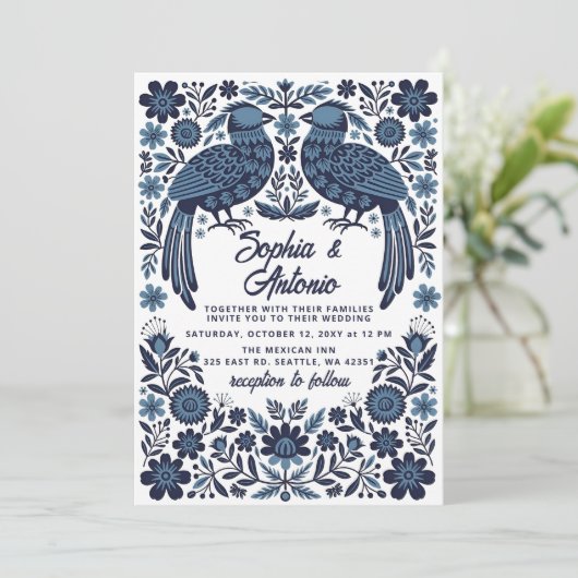 Blue Mexican Birds Otomi Floral Fiesta Wedding Kaart (Staand voorkant)