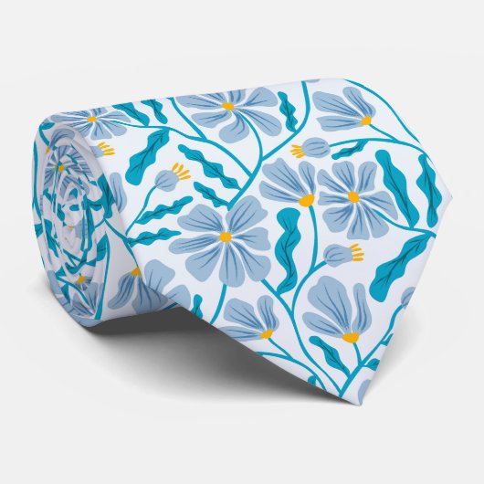 Blue Mid-Century Modern Floral Pattern Stropdas (Opgerold)