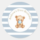 Blue Minimal Stripes Teddybeer Verjaardag Sticker (Voorkant)