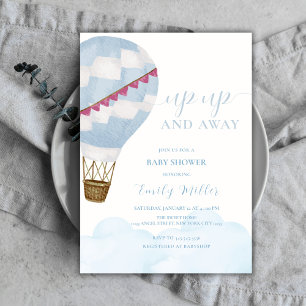 Blue Minimalist Boho Hete Luchtballon Baby shower Kaart