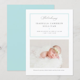 Blue Minimalist Borders Script Photo Baby Birth Aankondiging