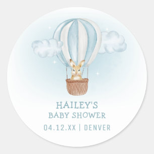Blue Minimalist Bunny Hete Luchtballon Baby shower Ronde Sticker