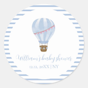Blue Minimalist Hot Air Balloon Boy Baby shower Ronde Sticker