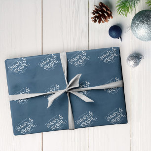 Blue Minimalist Merry & Bright Christmas Cadeaupapier