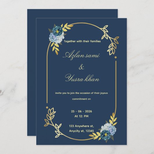Blue minimalist Muslim wedding invitation Editable (Devant / Derrière)