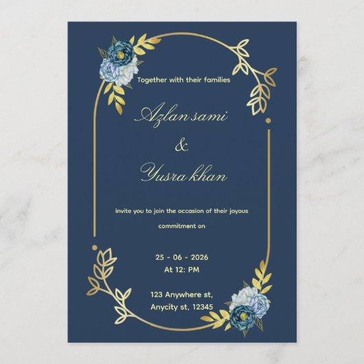 Blue minimalist Muslim wedding invitation Editable (Devant)