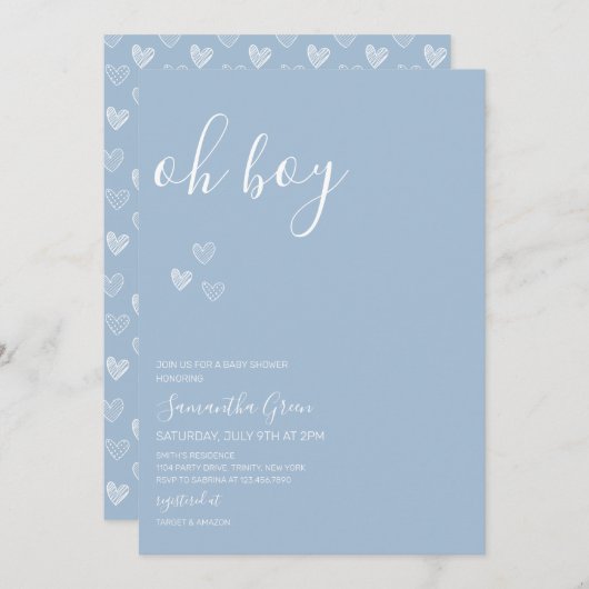 Blue Minimalist Oh Boy Baby shower Kaart (Voorkant / Achterkant)