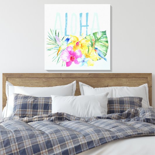 Blue Mint Aloha Bloemen Tropische Waterverf Canvas Afdruk (Insitu (Slaapkamer))