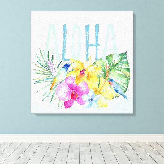 Blue Mint Aloha Bloemen Tropische Waterverf Canvas Afdruk (Insitu (Houten vloer))