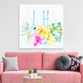 Blue Mint Aloha Bloemen Tropische Waterverf Canvas Afdruk (Insitu (Woonkamer))