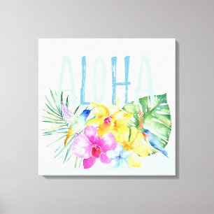 Blue Mint Aloha Bloemen Tropische Waterverf Canvas Afdruk