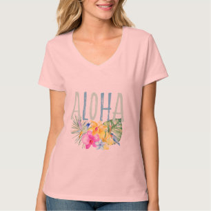 Blue Mint Aloha Bloemen Tropische Waterverf T-shirt