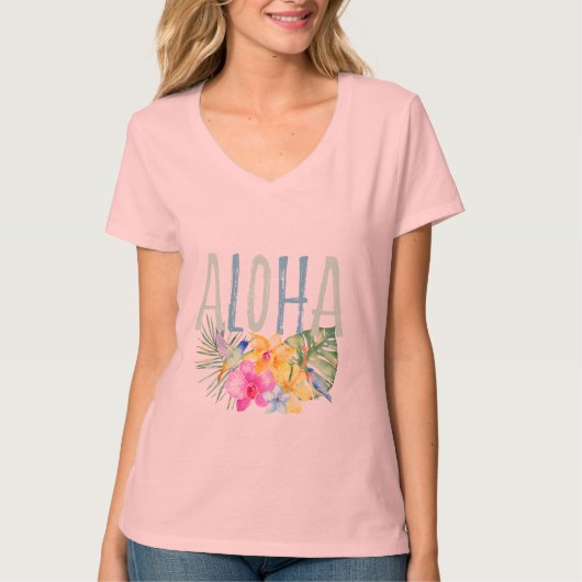 Blue Mint Aloha Bloemen Tropische Waterverf T-shirt (Voorkant)